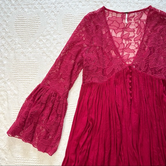 Free People With Love From India Dress Bell Sleeve Crochet Lace Mini Boho Dream - Picture 7 of 12